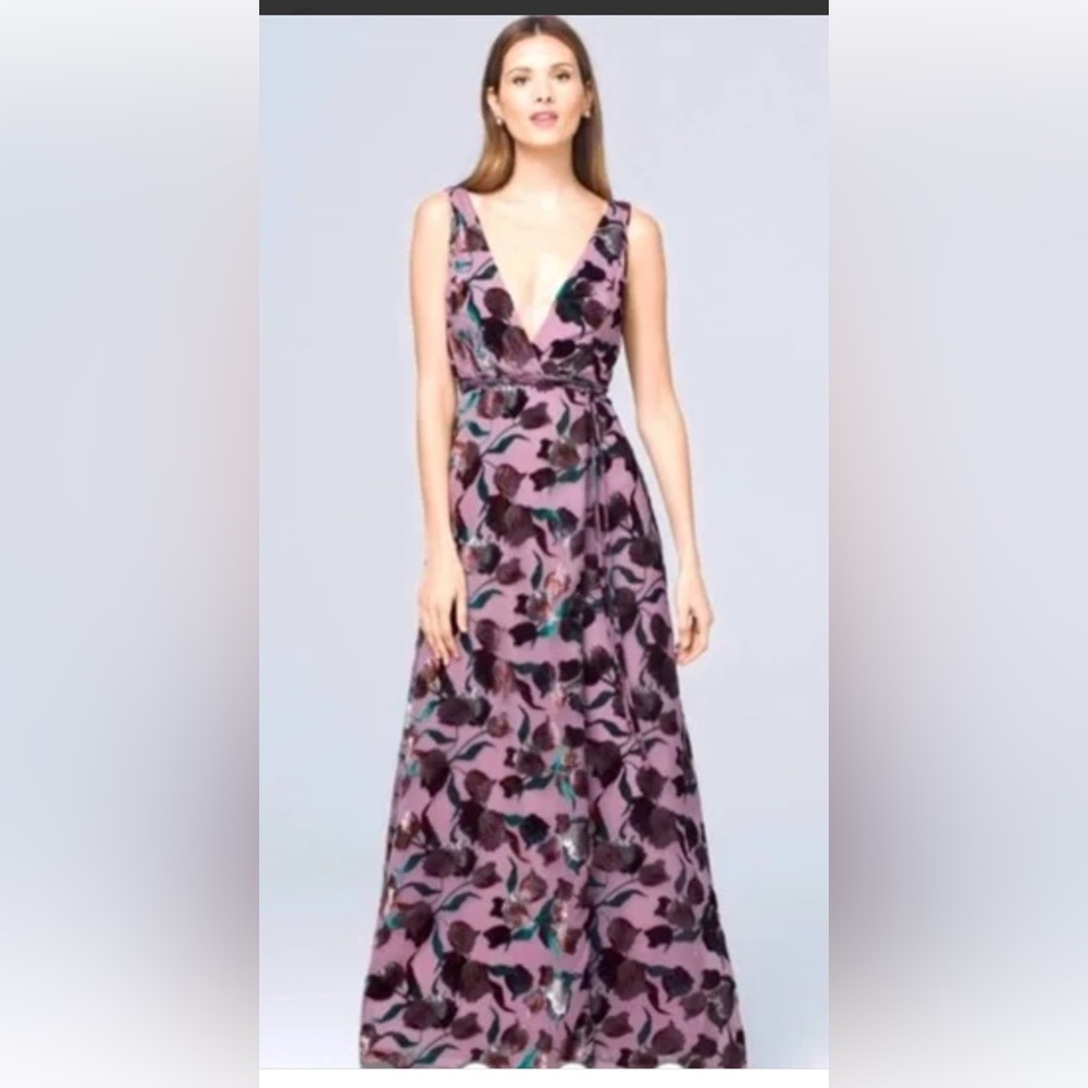 Aidan Mattox Mauve Floral Wrap-Style Midi Dress